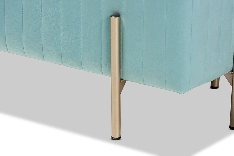 Wholesale Interiors Benches - Helaine Contemporary Glam and Luxe Sky Blue Fabric and Gold Metal Bench Ottoman