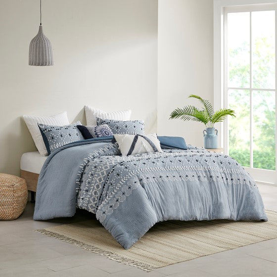 Olliix.com Comforters & Blankets - Organic Cotton Chambray 3 Piece Comforter Set Blue Full/Queen