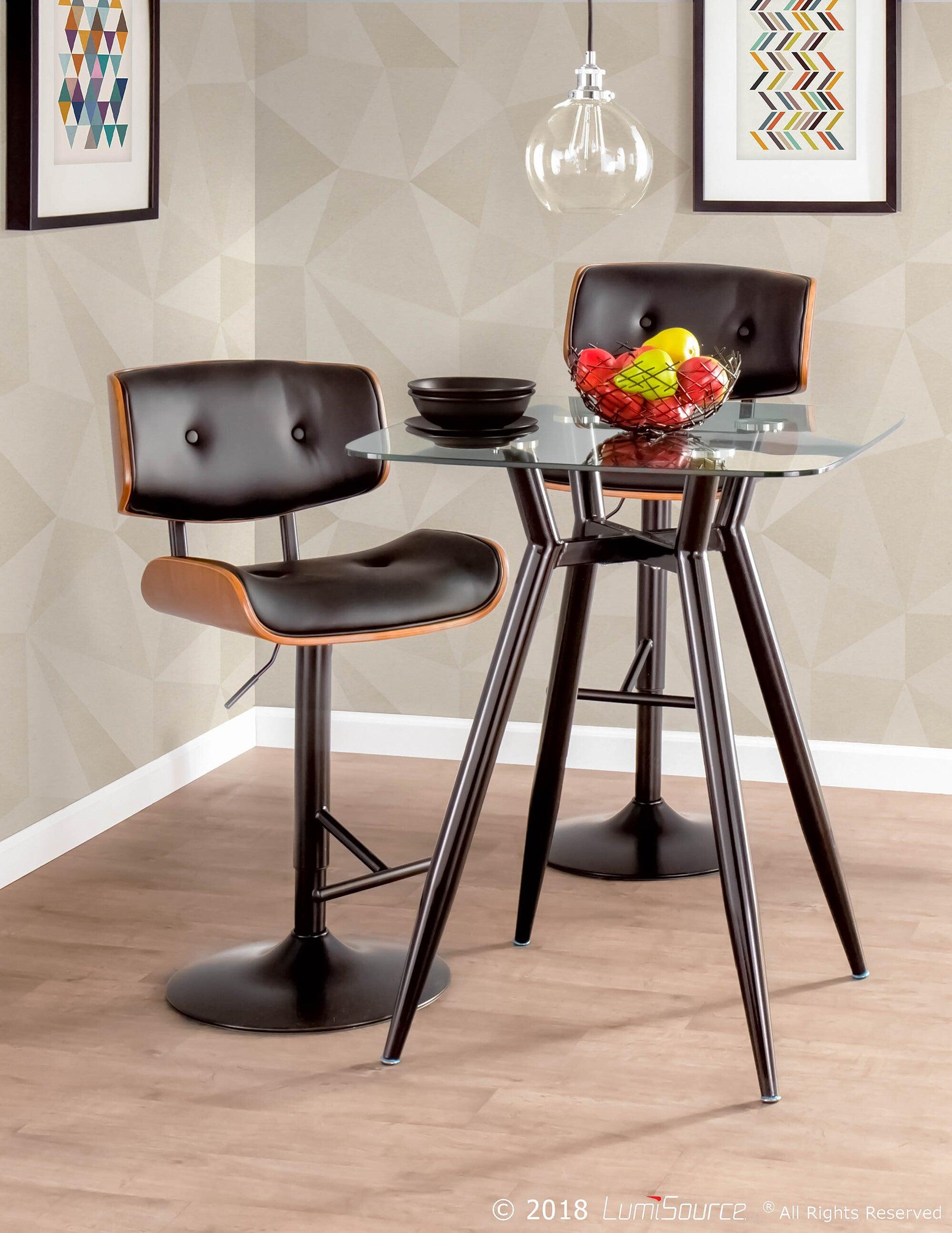 Lumisource Barstools - Lombardi Mid-Century Modern Adjustable Barstool in Walnut with Black Faux Leather