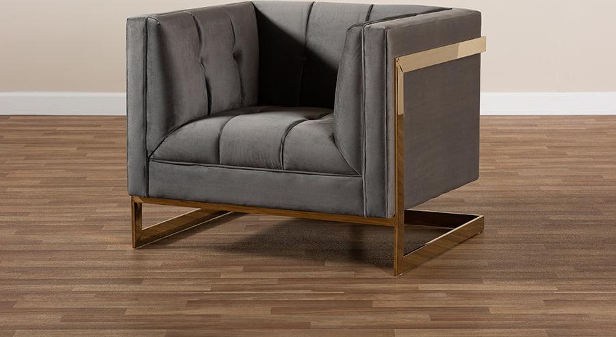 Wholesale Interiors Accent Chairs - Ambra Glam and Luxe Grey Velvet and Button Tufted Armchair with Gold-Tone Frame