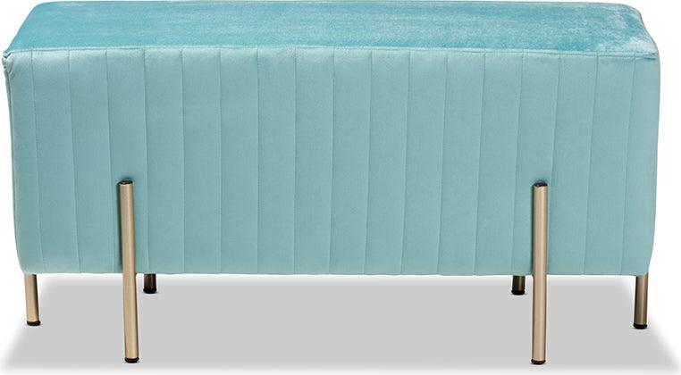 Wholesale Interiors Benches - Helaine Contemporary Glam and Luxe Sky Blue Fabric and Gold Metal Bench Ottoman