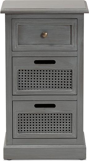 Wholesale Interiors Side & End Tables - Sheldon Vintage Grey Finished Wood and Synthetic Rattan 3-Drawer End Table