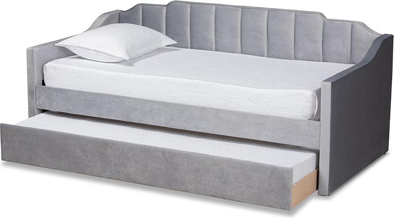 Wholesale Interiors Daybeds - Lennon Grey Velvet Fabric Upholstered Twin Size Daybed with Trundle