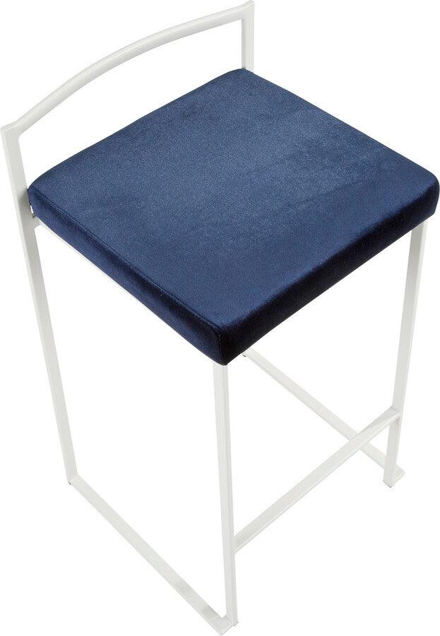 Lumisource Barstools - Fuji Contemporary Stackable Counter Stool in White with Blue Velvet Cushion - Set of 2