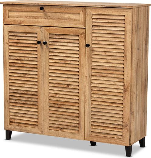 Wholesale Interiors Shoe Storage - Coolidge Oak Brown Finished Wood 3-Door Shoe Storage Cabinet with Drawer