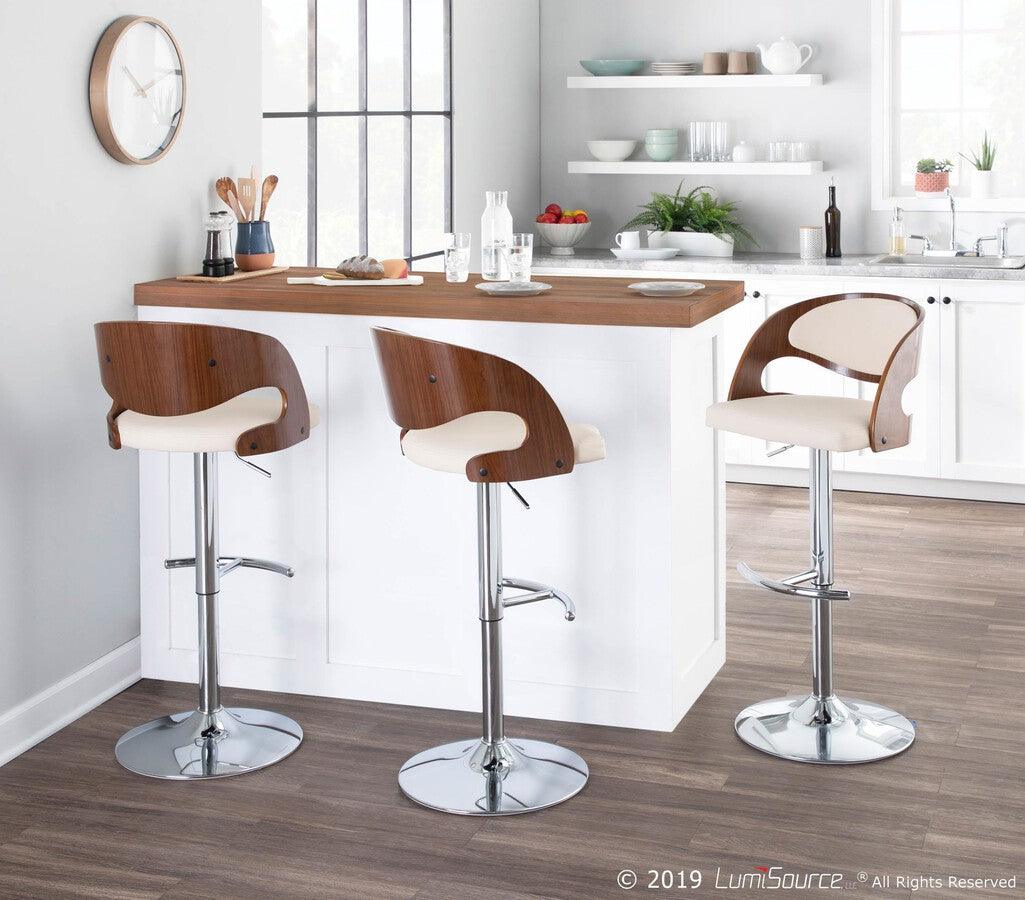 Lumisource Barstools - Pino Mid-Century Modern Adjustable Barstool with Swivel in Walnut & Cream Faux Leather