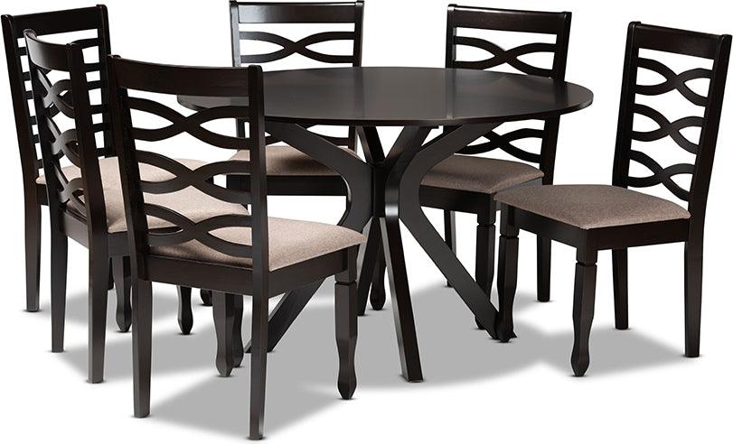 Wholesale Interiors Dining Sets - Mila Sand Fabric Upholstered Dark Brown Finished Wood 7-Piece Dining Set