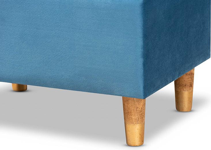 Wholesale Interiors Ottomans & Stools - Elias Sky Blue Velvet Fabric Upholstered and Oak Brown Finished Wood Storage Ottoman