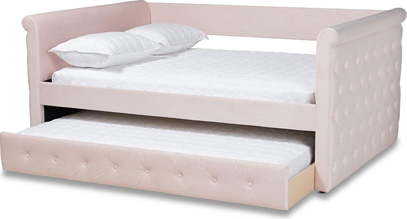 Wholesale Interiors Daybeds - Amaya Modern and Contemporary Light Pink Velvet Full Size Daybed with Trundle