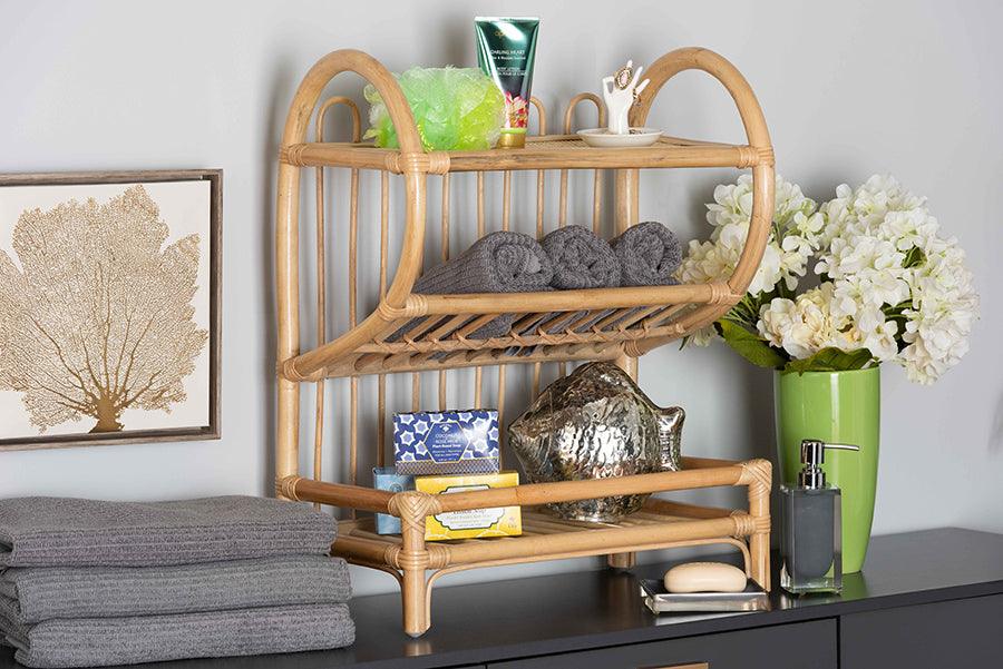 Wholesale Interiors Bookcases & Display Units - Liora Modern Bohemian Natural Brown Finished Rattan 2-Tier Display Shelf