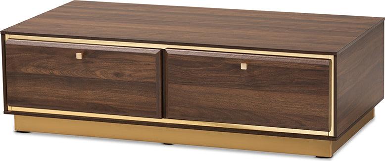 Wholesale Interiors Coffee Tables - Cormac Mid-Century Modern Brown Wood and Gold Metal 2-Drawer Coffee Table