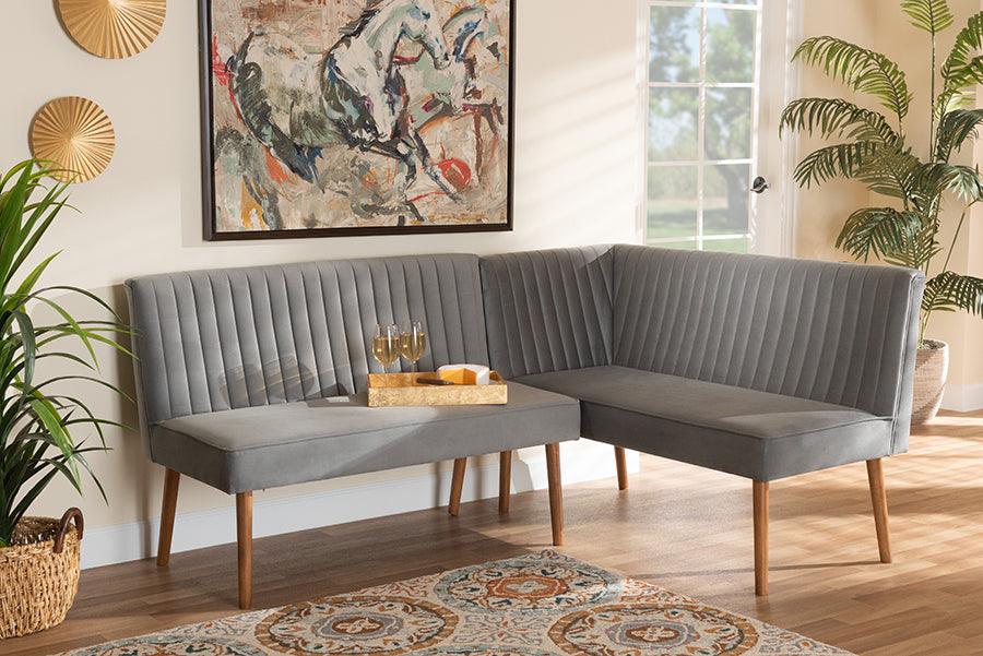 Wholesale Interiors Benches - Alvis Grey Velvet Upholstered and Walnut Brown Finished Wood 2-Piece Dining Nook Banquette Set