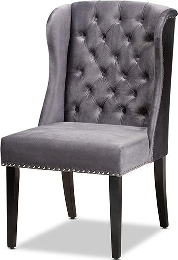 Wholesale Interiors Dining Chairs - Lamont Grey Velvet Fabric Upholstered and Dark Brown Finished Wood Wingback Dining Chair