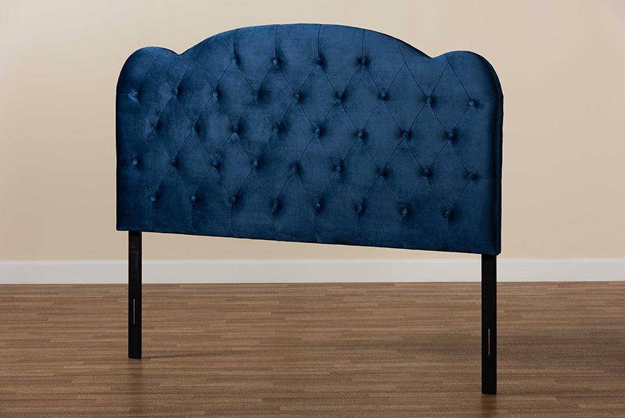 Wholesale Interiors Headboards - Clovis Navy Blue Velvet Fabric Upholstered King Size Headboard