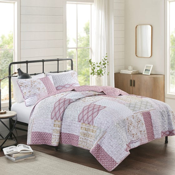 Olliix.com Coverlet - 3 Piece Reversible Microfiber Quilt Set Mauve Cal King