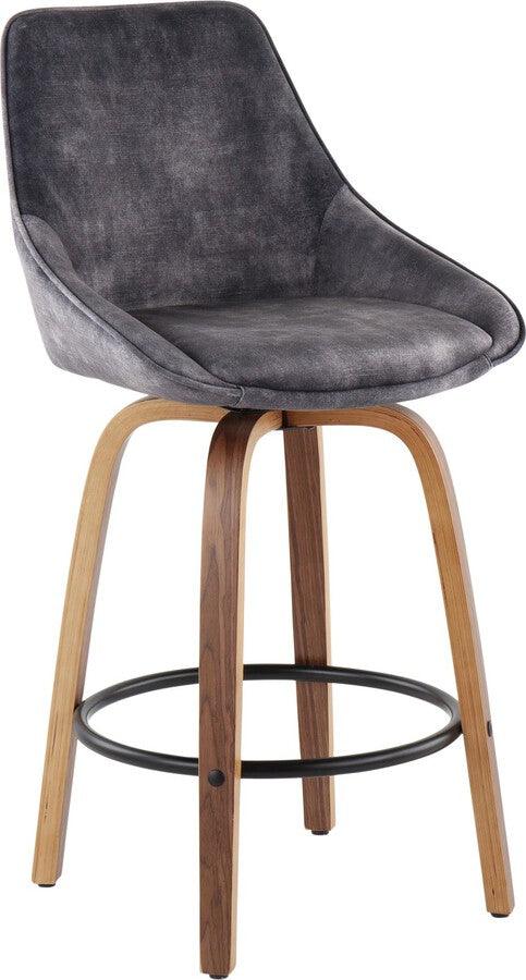 Lumisource Barstools - Diana Contemporary Counter Stool in Walnut Wood and Grey Velvet - Set of 2
