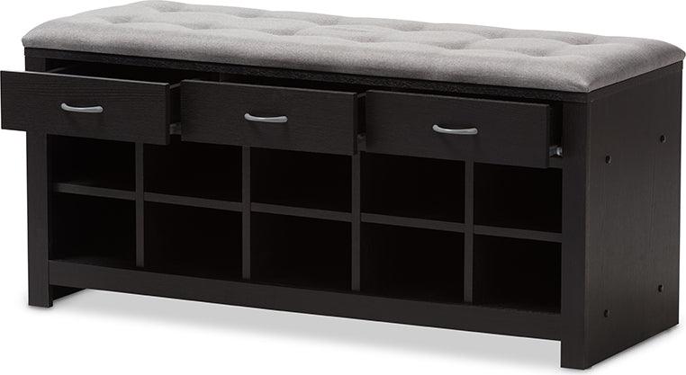 Wholesale Interiors Shoe Storage - Contemporary Espresso Finished Grey Fabric Upholstered Cushioned Entryway Bench