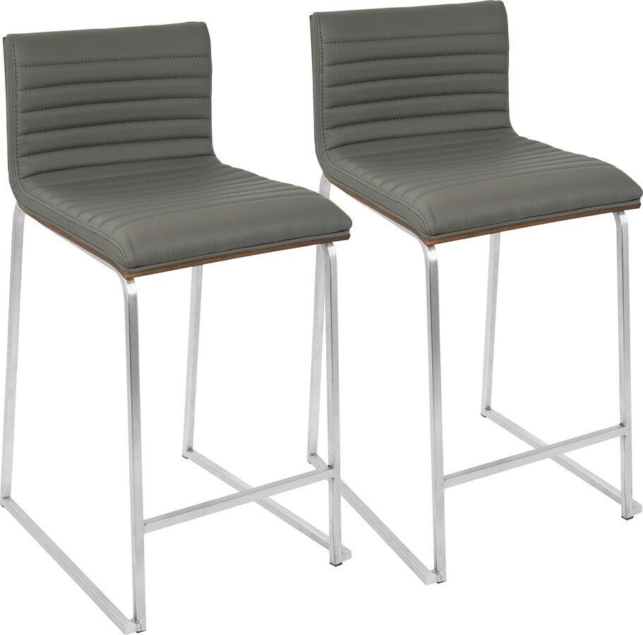 Lumisource Barstools - Mara 26" Contemporary Counter Stool in Brushed Stainless Steel, Walnut Wood, and Grey Faux Leather