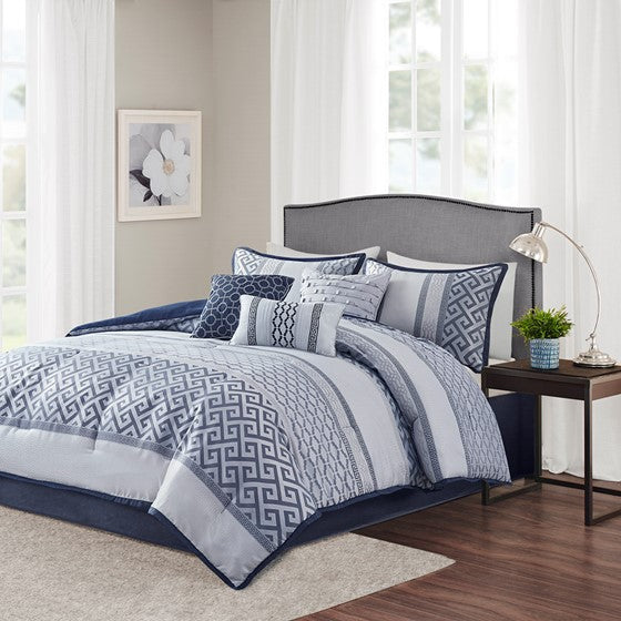 Olliix.com Comforters & Blankets - 7 Piece Jacquard Comforter Set Navy Queen