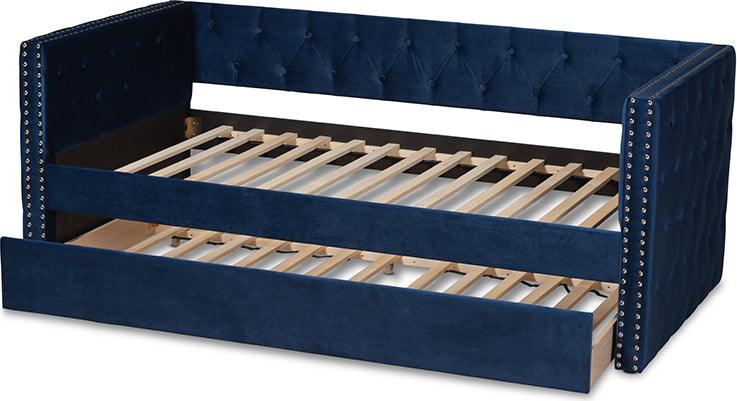 Wholesale Interiors Daybeds - Larkin Navy Blue Velvet Fabric Upholstered Twin Size Daybed with Trundle