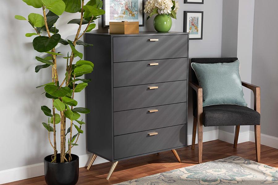 Wholesale Interiors Chest of Drawers - Kelson Dark Grey and Gold Finished Wood 5-Drawer Chest