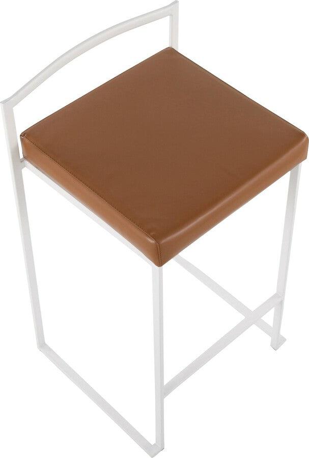 Lumisource Barstools - Fuji Contemporary Stackable Counter Stool in White with Camel Faux Leather Cushion - Set of 2