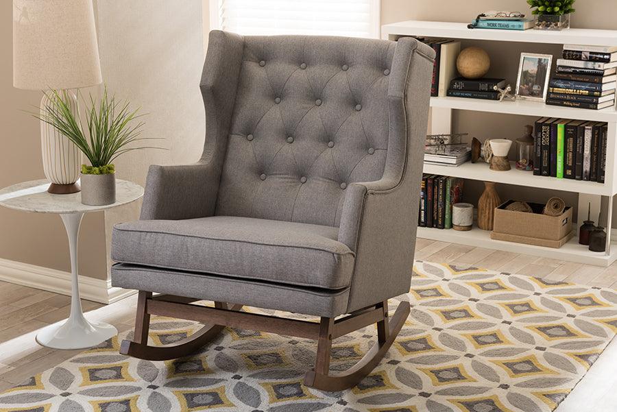 Wholesale Interiors Rocking Chairs - Iona Mid-century Retro Modern Grey Fabric Button-tufted Wingback Rocking Chair