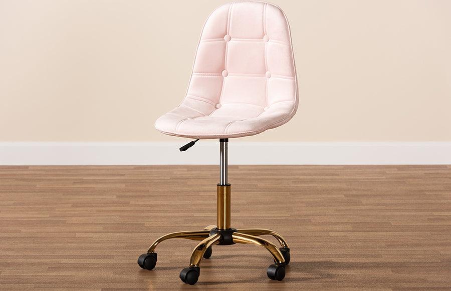 Wholesale Interiors Task Chairs - Kabira Contemporary Glam and Luxe Blush Pink Velvet Fabric and Gold Metal Swivel Office chair