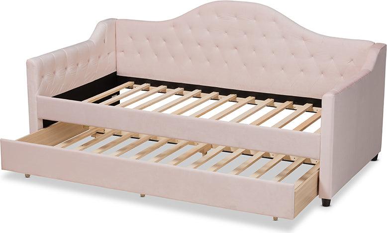 Wholesale Interiors Daybeds - Perry Light Pink Velvet Fabric Upholstered And Button Tufted Twin Size Daybed With Trundle