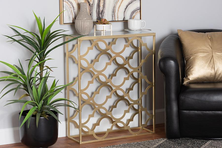 Wholesale Interiors Consoles - Calanthe Gold Finished Metal Console Table with Marble Tabletop
