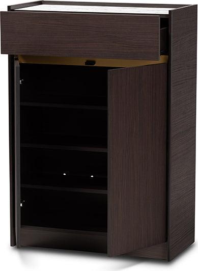 Wholesale Interiors Shoe Storage - Walker Dark Brown and Gold Finished Wood Shoe Cabinet with Faux Marble Top