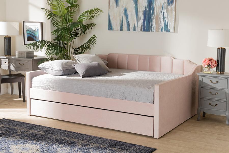 Wholesale Interiors Daybeds - Lennon Pink Velvet Fabric Upholstered Queen Size Daybed with Trundle