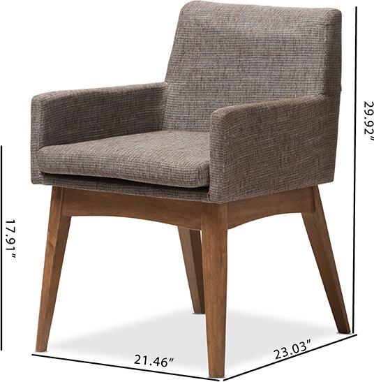 Wholesale Interiors Dining Chairs - Nexus Mid-Century Modern Walnut Wood and Gravel Fabric Arm Chair (Set of 2)