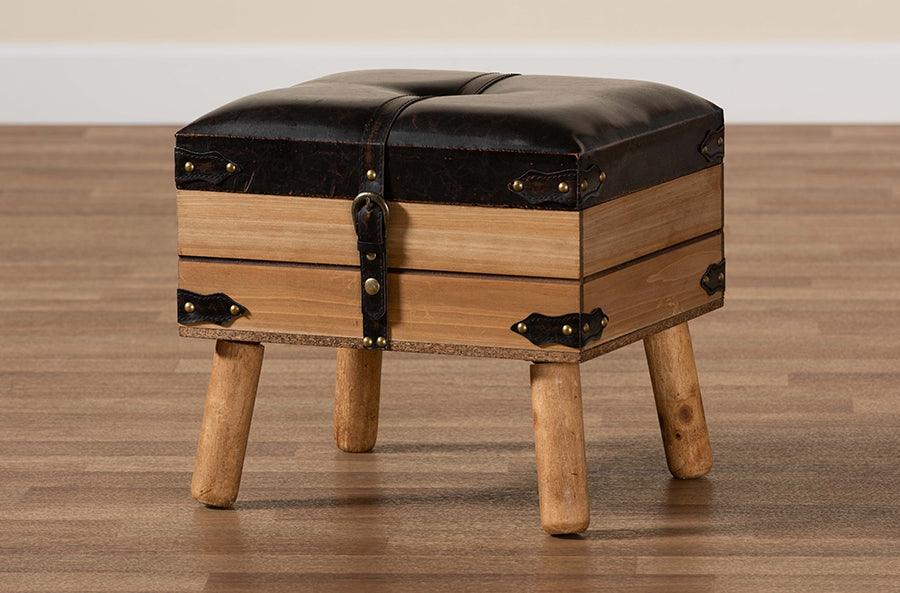 Wholesale Interiors Ottomans & Stools - Amena Rustic Dark Brown PU Leather Upholstered and Oak Finished Wood Small Storage Ottoman