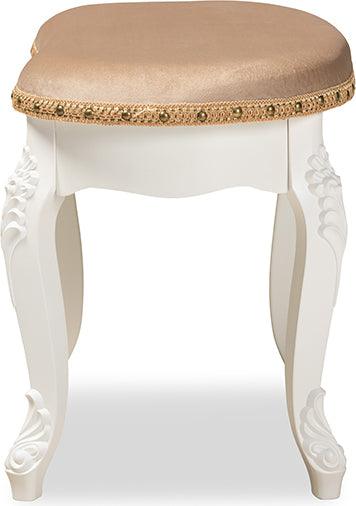 Wholesale Interiors Ottomans & Stools - Gabrielle French Provincial Sand Velvet Fabric Upholstered White-Finished Wood Vanity Ottoman