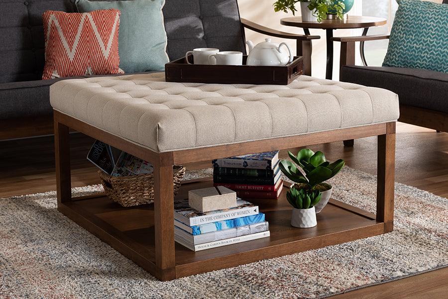 Wholesale Interiors Ottomans & Stools - Alvere Modern and Contemporary Beige Fabric Walnut Cocktail Ottoman
