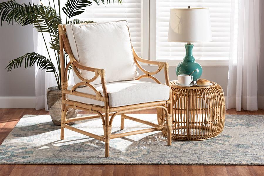 Wholesale Interiors Accent Chairs - Brandon Modern Bohemian White Fabric Upholstered and Natural Brown Rattan Armchair