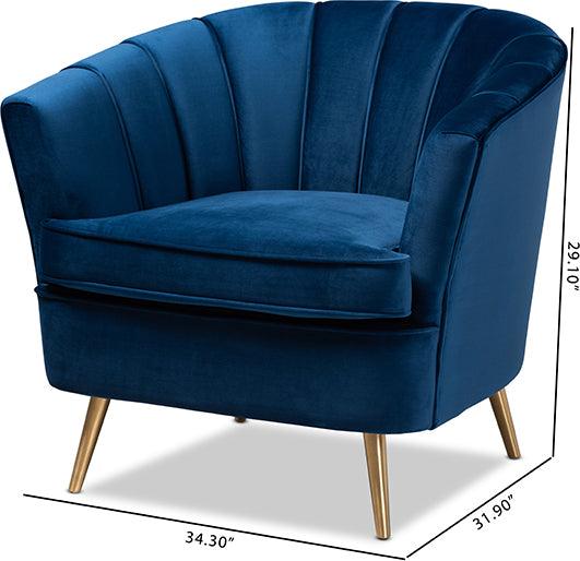 Wholesale Interiors Accent Chairs - Emeline Glam and Luxe Blue Velvet Brushed Gold Accent Chair