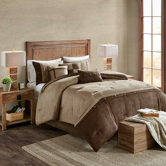 Olliix.com Comforters & Blankets - 7 Piece Faux Suede Comforter Set Brown King