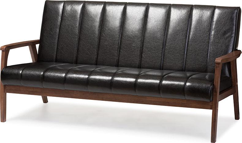 Wholesale Interiors Sofas & Couches - Nikko Mid-Century Modern Scandinavian Style Black Faux Leather Wooden 3-Seater Sofa