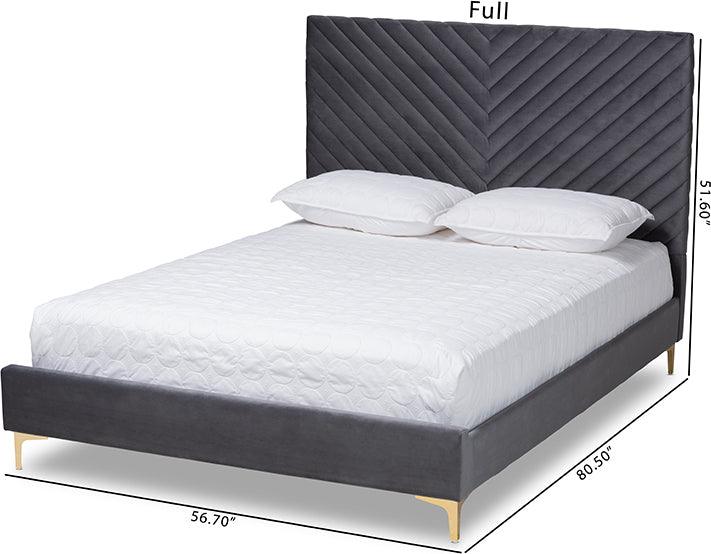 Wholesale Interiors Beds - Fabrico Glam and Luxe Grey Velvet Fabric Upholstered and Gold Metal Full Size Platform Bed