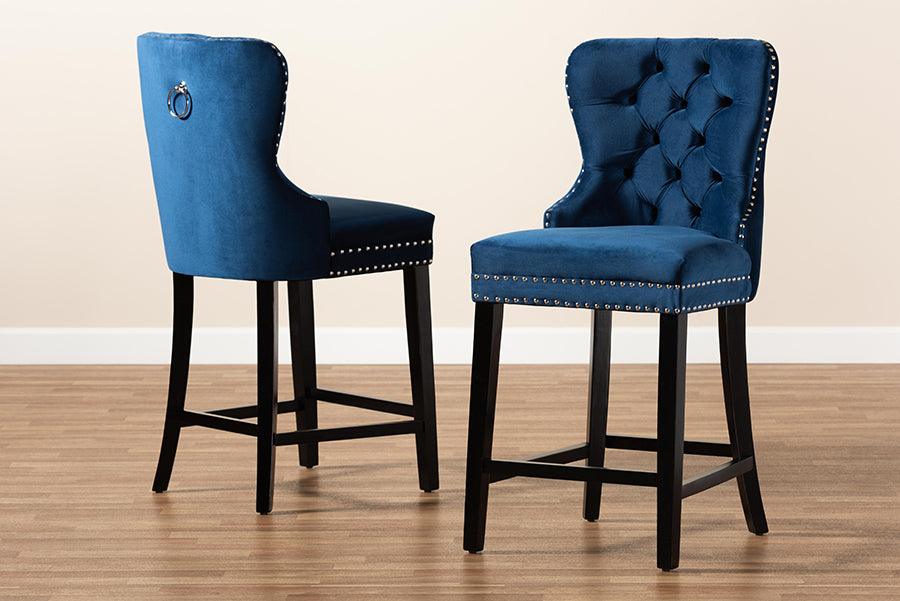Wholesale Interiors Barstools - Howell Navy Blue Velvet Upholstered and Dark Brown Finished Wood 2-Piece Counter Stool Set