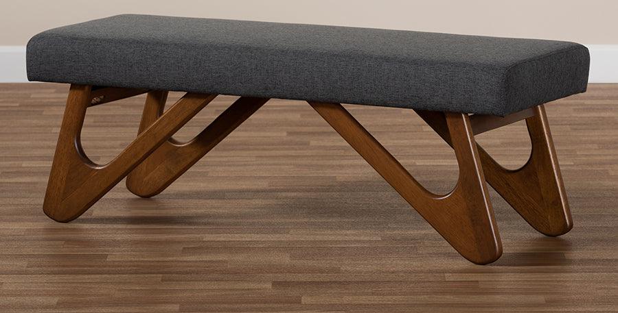 Wholesale Interiors Benches - Rika Mid-Century Modern Dark Grey Fabric Walnut Brown Boomerang Bench