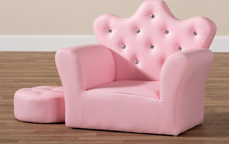 Wholesale Interiors Accent Chairs - Ava Modern and Contemporary Pink Faux Leather 2-Piece Kids Armchair and Footrest Set