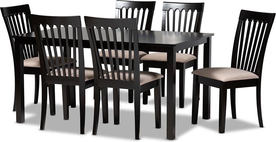 Wholesale Interiors Dining Sets - Minette Sand Fabric Upholstered Espresso Brown Finished Wood 7-Piece Dining Set