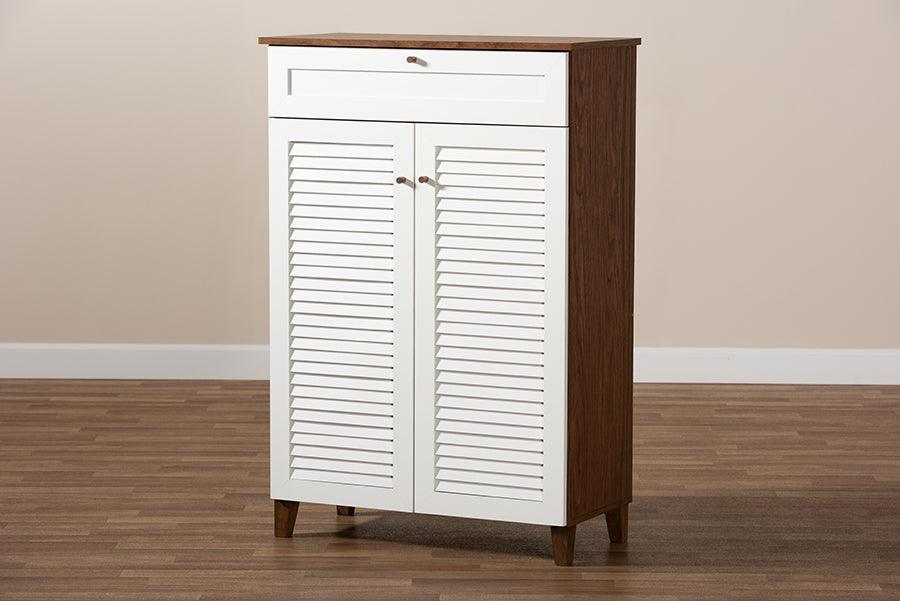 Wholesale Interiors Shoe Storage - Coolidge Contemporary White and Walnut 5-Shelf Wood Shoe Storage Cabinet with Drawer