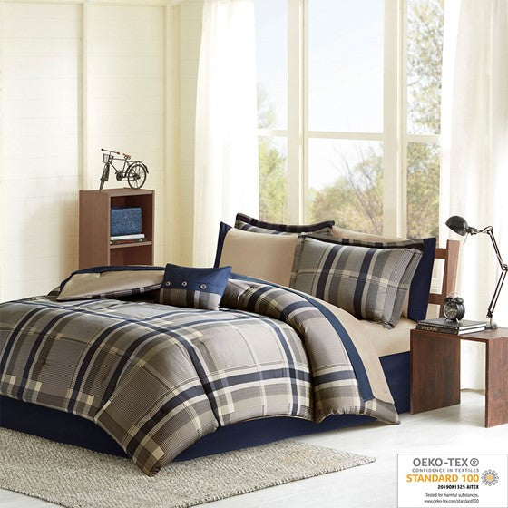 Olliix.com Comforters & Blankets - Plaid Comforter Set with Bed Sheets Navy Multi Queen