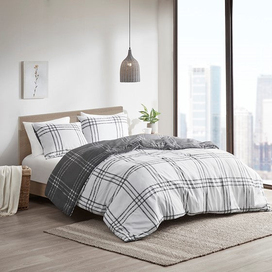 Olliix.com Duvet & Duvet Sets - Plaid Reversible Duvet Cover Set White/Gray Twin XL