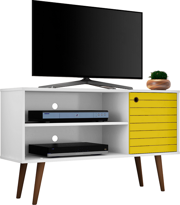 Manhattan Comfort TV & Media Units - Liberty 42.52" Mid-Century - Modern TV Stand with 2 Shelves & 1 Door in White & Yellow