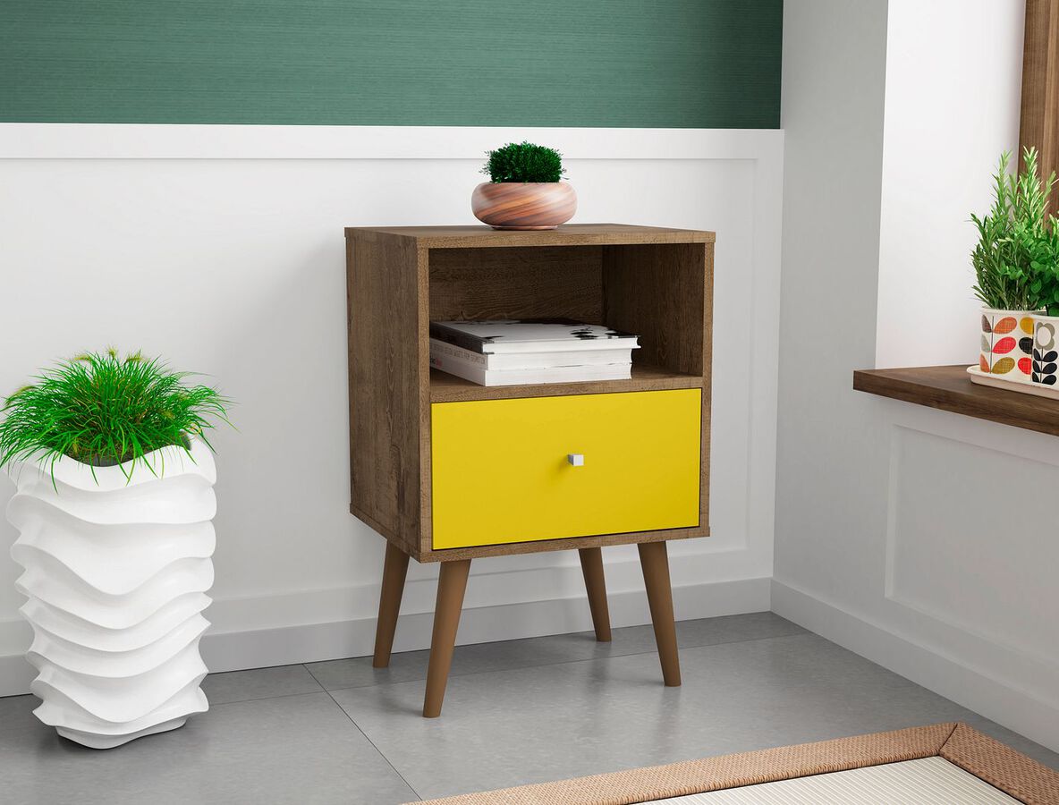 Manhattan Comfort Nightstands & Side Tables - Liberty Mid-Century - Modern Nightstand 1.0 with 1 Cubby Space & 1 Drawer in Rustic Brown & Yellow